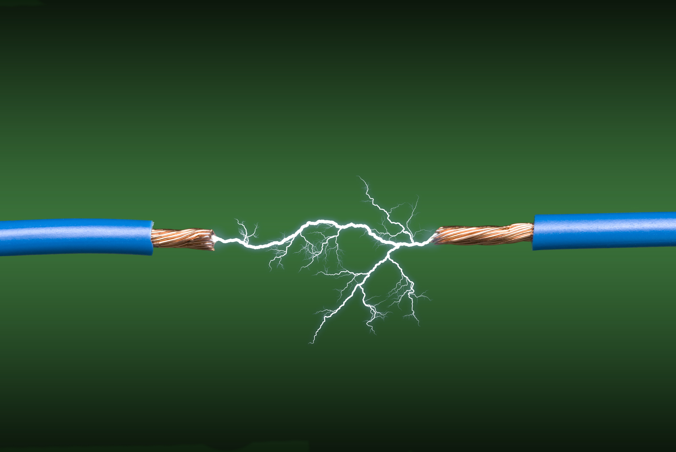 An electrical arc crossing two blue, copper wires on a green and black gradient background.